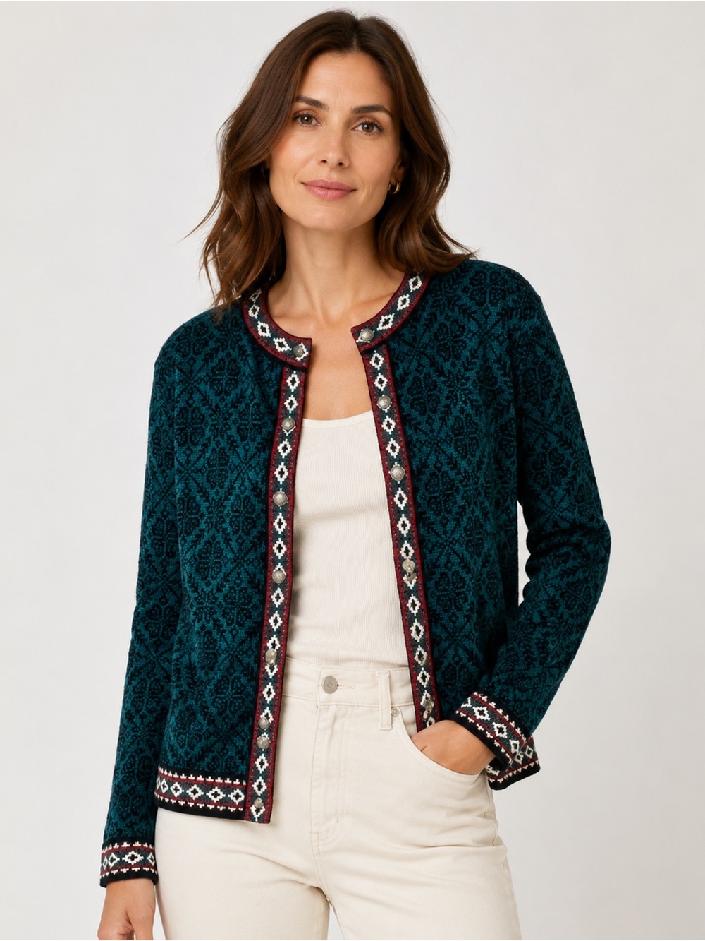 Vintage LL Bean Womens Size M Nordic Fair Isle Merino Wool Button Cardigan Sz S